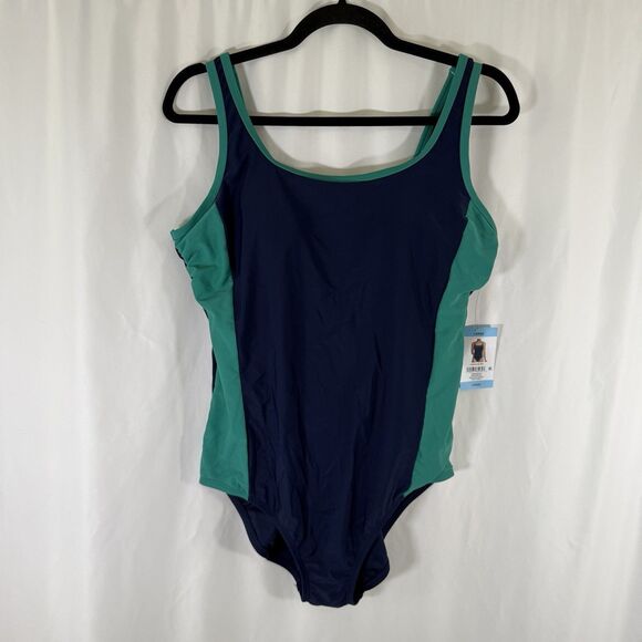 New Lands End Swim One Piece Women's Large 14 16 Blue Green Strappy Padded - Picture 1 of 11
